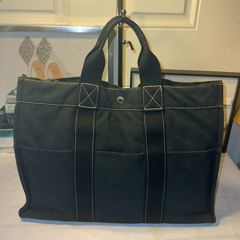 Authentic HERMES Fourre Tout MM Hand Tote Bag Canvas Black GUC